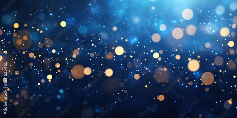 Poster blue and gold bokeh festive background with soft defocused circles in varying sizes on a dark blue b