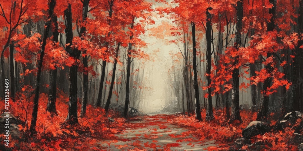 Poster autumn forest scene featuring vibrant red maple leaves in foreground with a misty path, surrounded b