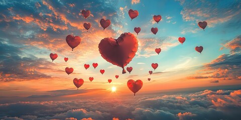 Fototapeta premium Heart-shaped balloons in shades of red float gracefully against a vibrant sunset sky with soft clouds, creating a romantic atmosphere.