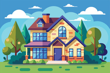 A charming house is set amidst trees and clouds, showcasing vibrant colors and modern design elements House restyling Customizable Semi Flat Illustration