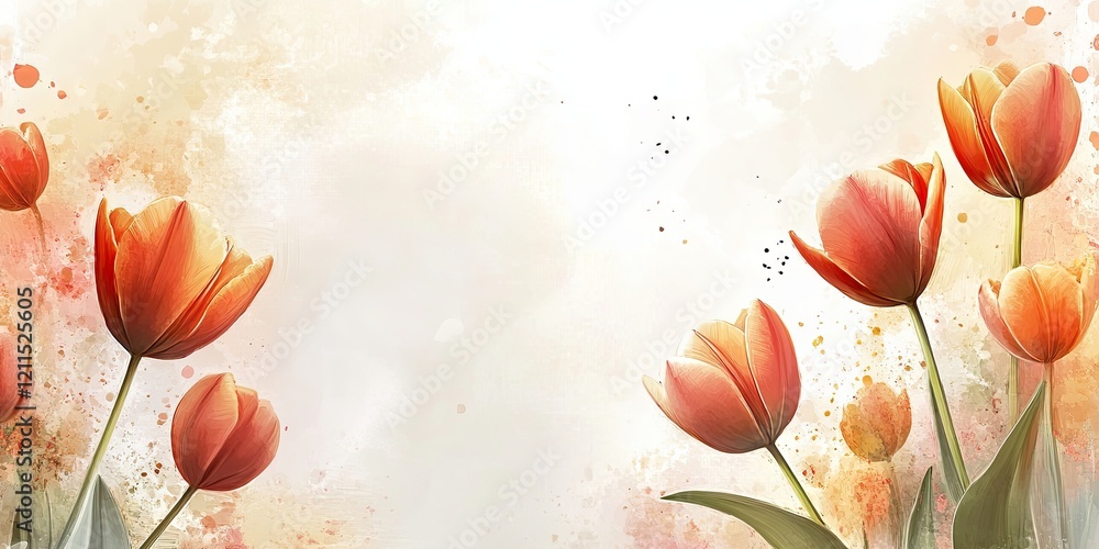 Poster delicate orange tulip blooms on the right with soft watercolor background blending into blank space 