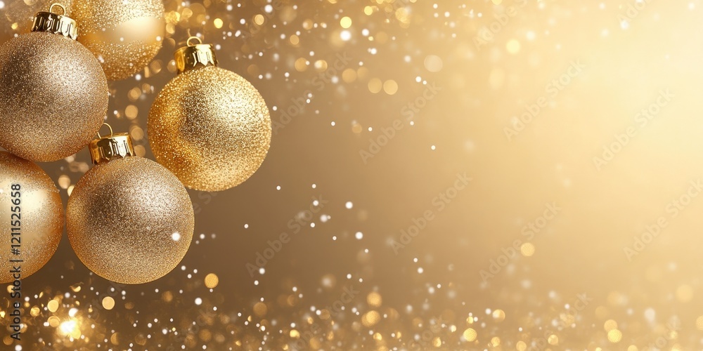 Poster golden christmas ornaments with a glittering background of soft gold bokeh on the left, ample copy s