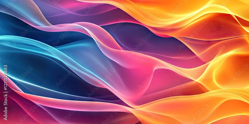 Poster vibrant abstract background with flowing cool blue and warm orange waves layered on a deep purple ba