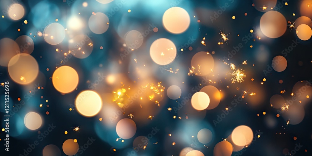 Poster abstract background featuring blurred golden and blue bokeh circles with sparkling details, creating