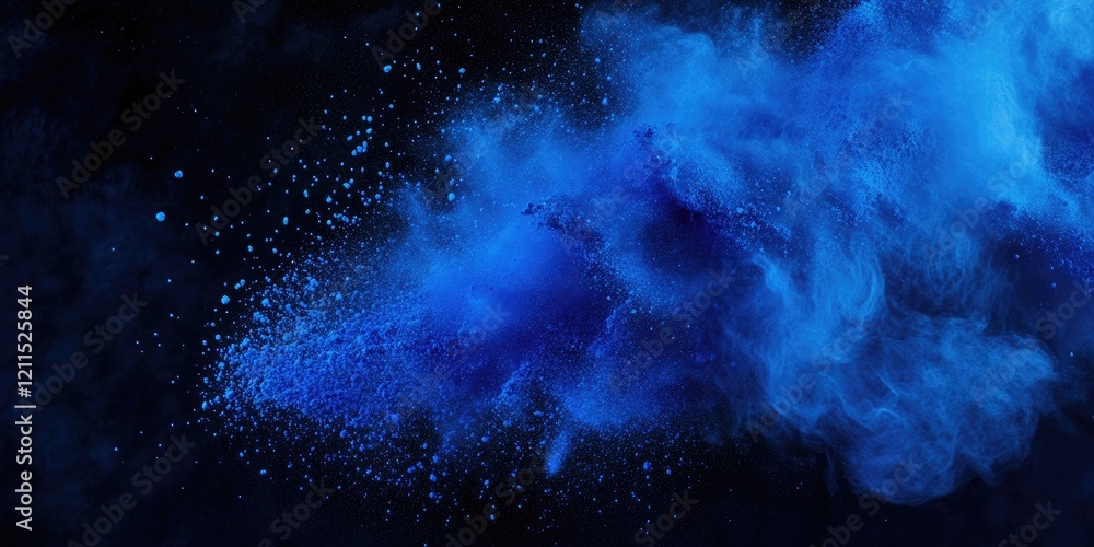 Poster vibrant blue powder explosion on a black background with smooth textures and ample negative space fo