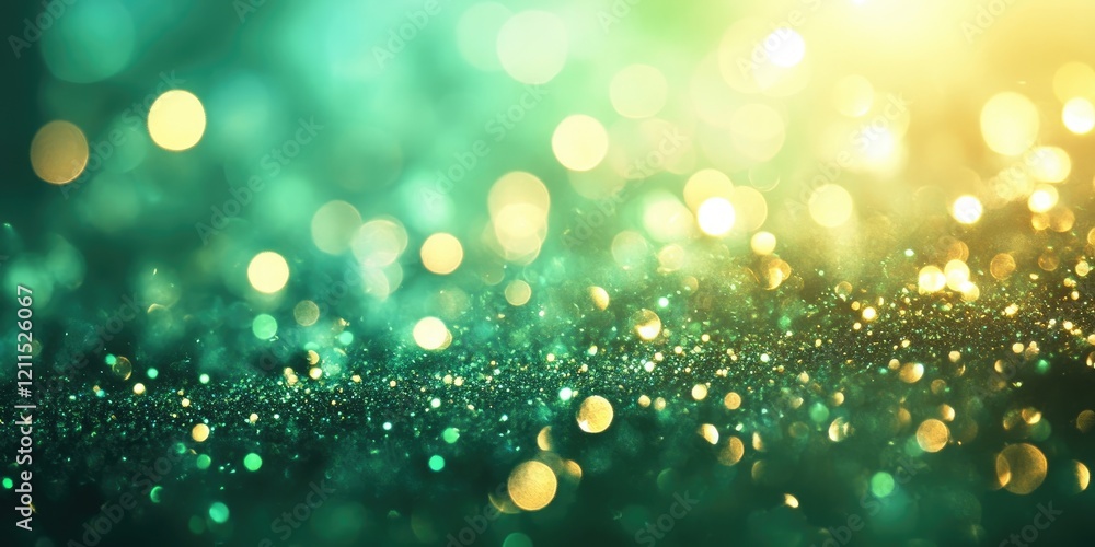 Poster green and gold bokeh background with blurred glitter effect in an abstract design featuring soft glo