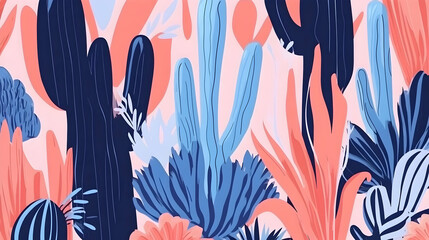 Desert Cactus Landscape Illustration, Pink and Blue, Nature Background, for Decor