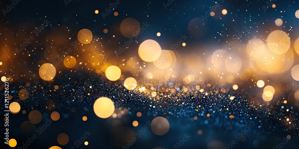 Poster golden bokeh lights shimmering on a dark blue background with hints of sparkle creating an abstract 