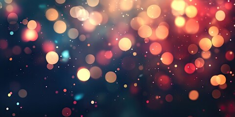 Colorful dreamy bokeh background with warm golden and red tones scattered evenly, fading into a dark blue backdrop, ideal for holiday celebrations.