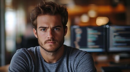 Obraz premium Unhappy Sad Developer Programmer Man In Stress Coding Software Generative AI