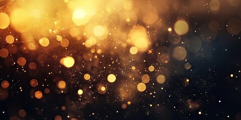Golden bokeh lights in soft focus with dark background creating a warm and elegant ambiance ideal for festive or celebratory themes