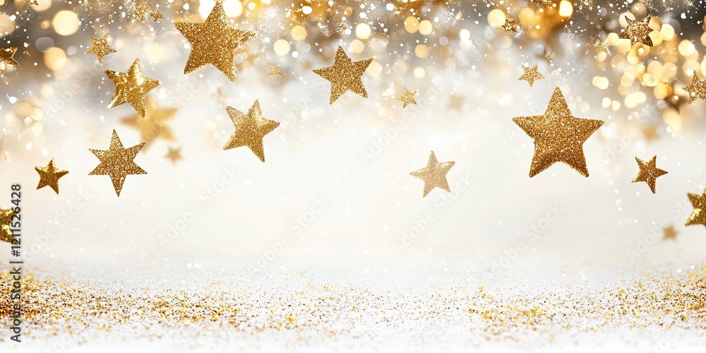 Poster golden stars cascading on a white background create a shimmering christmas backdrop with festive gli