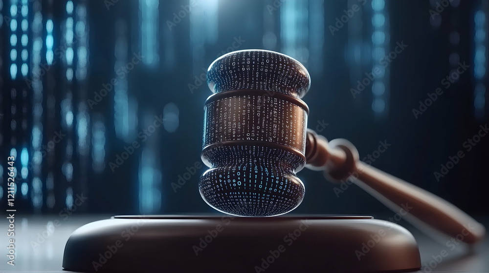 Poster digital gavel on sound block, binary code background; online justice concept