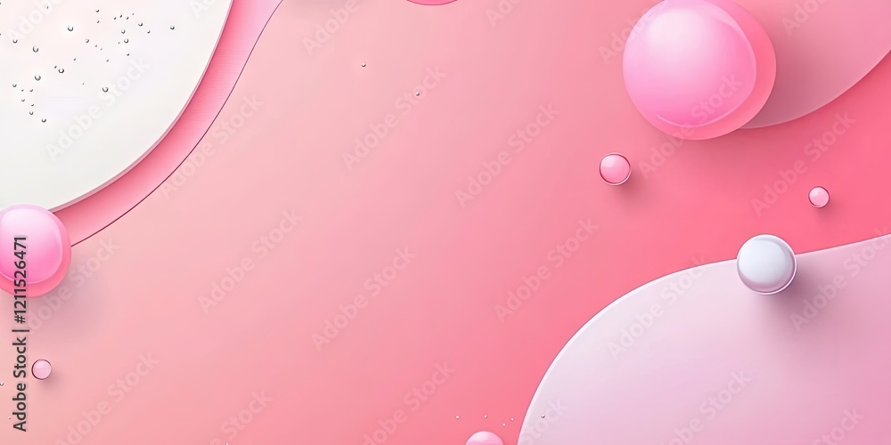 Poster abstract pink gradient background with overlapping curved shapes and varying sizes of spheres, creat