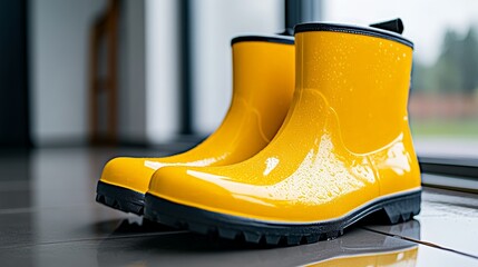 Bright yellow rain boots with water droplets standing on a shiny tile floor.