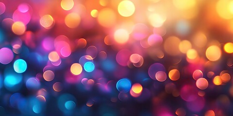 Fototapeta premium Colorful bokeh lens flare with pink, blue, orange, and gold orbs against a blurred dark background creating a dreamy decorative overlay effect