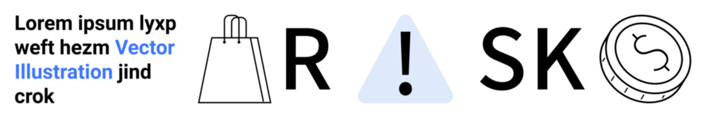 Shopping bag, alert sign, clock elements forming the word RISK. Ideal for financial planning, business strategy, time management, cautionary themes, market analysis, project risk and decision