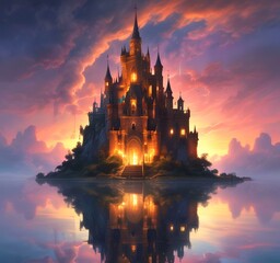 Illustration of glowing mystery tower castle in night.