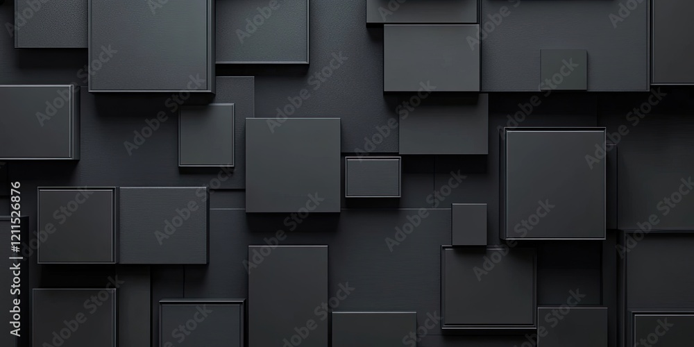 Poster monochromatic black abstract backdrop with layered rectangular frames arranged in a chaotic pattern 