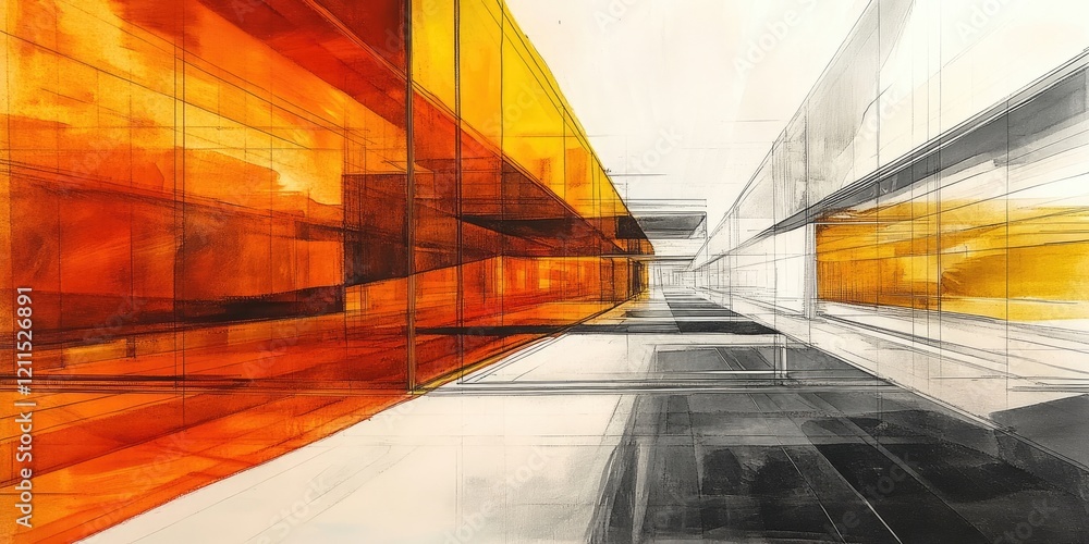 Poster abstract architectural perspective featuring orange, yellow, and monochrome lines creating a dynamic
