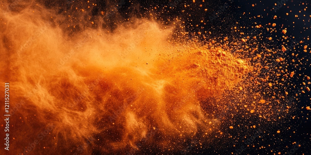 Poster orange powder explosion against a black background with dynamic splashes of orange dust swirling in 