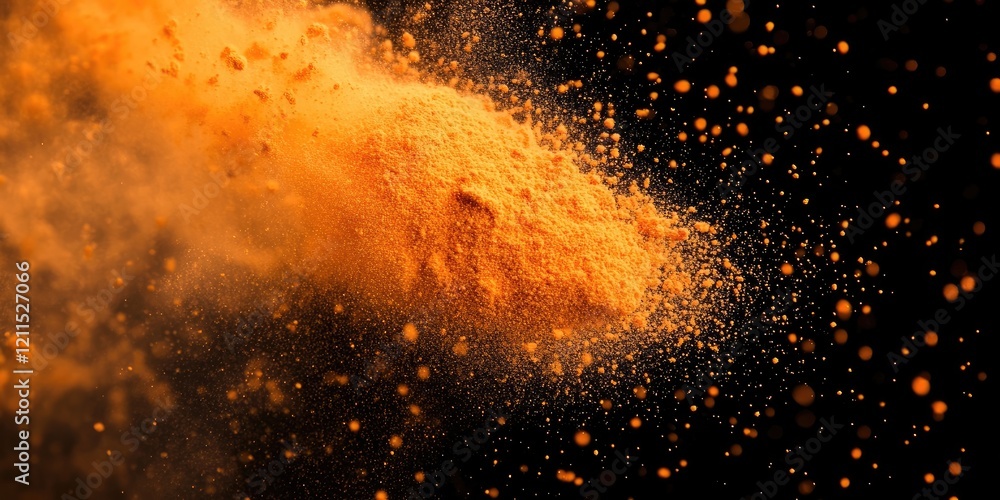 Poster vibrant orange powder explosion creating a dynamic scatter effect against a deep black background wi