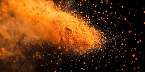Vibrant orange powder explosion creating a dynamic scatter effect against a deep black background with fine dust particles suspended in motion