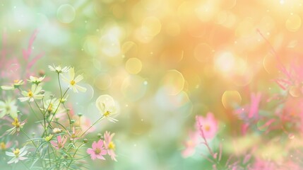 Fototapeta premium Soft Dreamy Floral Background with Colorful Blossoms, Vibrant Bokeh Effect, and Gentle Light for Nature and Spring Themes in Stock Photography