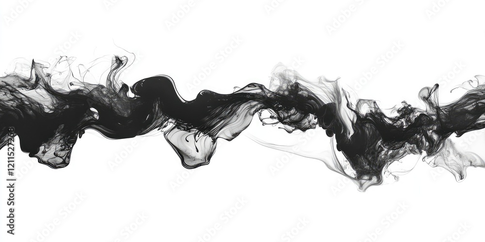 Poster abstract black and white ink waves swirling elegantly against a clean white backdrop with flowing sm