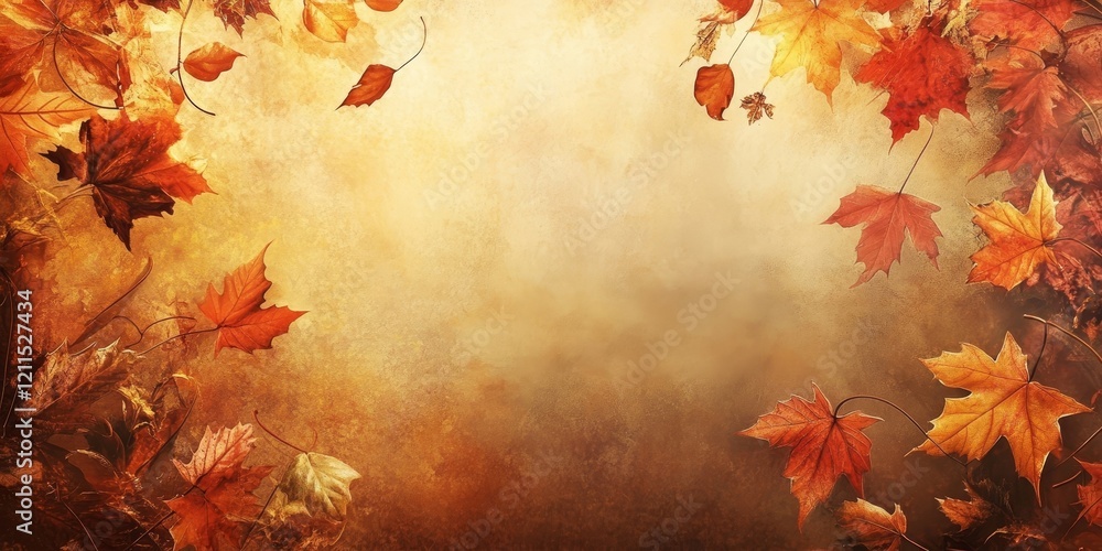 Poster autumn border design with warm orange and yellow leaves framing a soft blurred background creating a