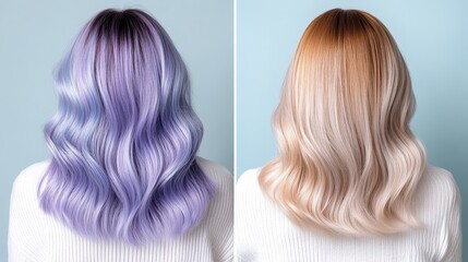 Naklejka premium A comparison of blonde and pastel purple ombre hairstyles on long wavy hair in a modern salon.