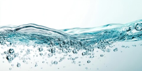 Crystal clear turquoise water with bubbles rising against a soft light backdrop, gentle waves undulating from left to right, serene ambiance.