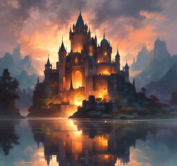 Naklejka premium Illustration of glowing mystery tower castle in night.