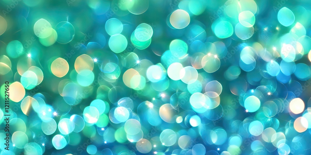 Poster abstract bokeh of blurred shimmering lights in green and blue hues creating a dreamy background with