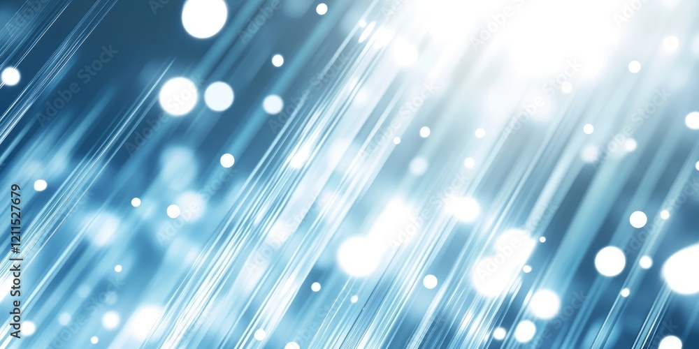 Poster futuristic abstract background with vertical white and blue light streaks and bokeh effects creating