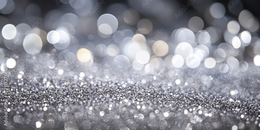 Poster glittering silver backdrop with soft blur shimmering sparkles in foreground bokeh effect with space 