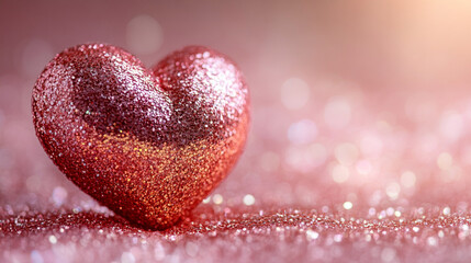 Fototapeta premium A pink glittery heart sitting on a bed of sparkling glitter Valentine's Day