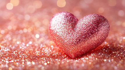 Fototapeta premium A pink glittery heart sitting on a bed of sparkling glitter Valentine's Day