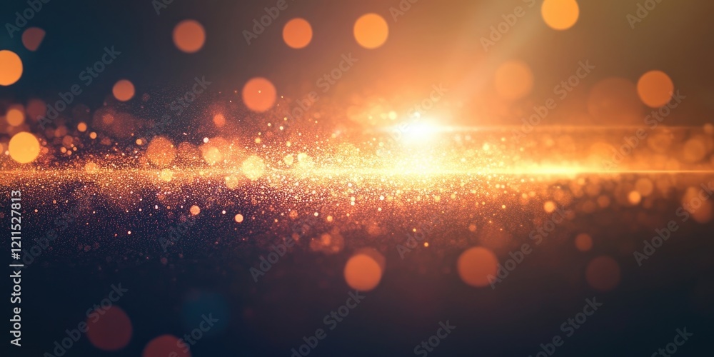 Poster golden bokeh light particles shimmering on a dark gradient background with soft lens flare effect in