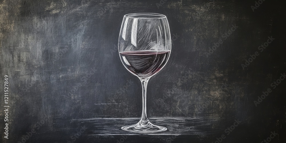 Poster Chalk drawing of a wine glass on a black chalkboard centered in the image with a blank space for text on the bottom right side.