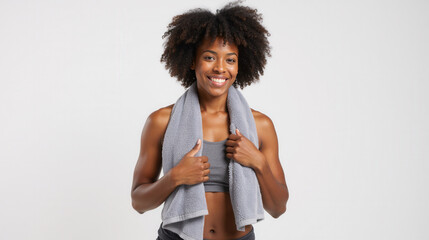 Athletic young woman relaxing after training session with towel resting on shoulders smiling confident energetic fitness lifestyle concept portrait