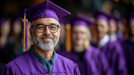 Proud Graduate: A Mature Man Smiles in His Purple Graduation Gown