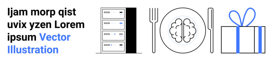 Data server, brain on a plate with cutlery, and a wrapped gift box. Ideal for technology, data science, artificial intelligence, learning, creativity innovation and solutions themes. Landing page