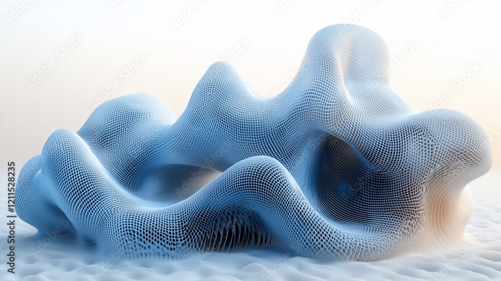 Poster abstract 3d rendered sculpture with flowing, organic shapes and a textured surface.
