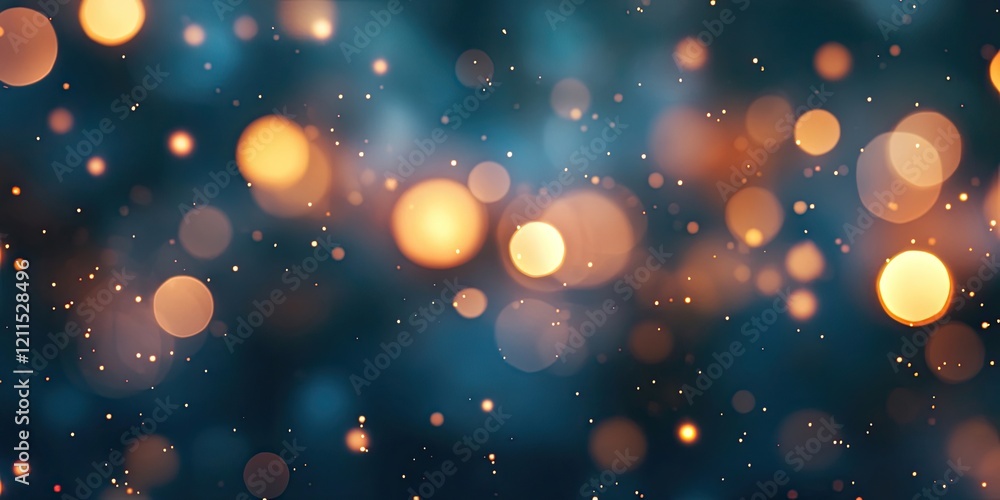 Poster dreamy blur of warm golden and orange bokeh lights on a soft blue background with scattered glimmeri