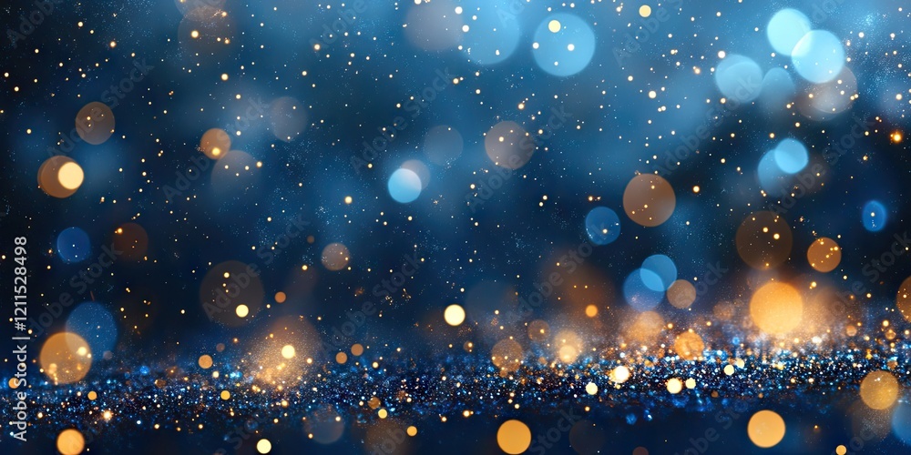 Poster magical blue and gold bokeh background with shimmering particles and twinkling stars creating a fest