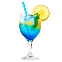 A tropical Blue Lagoon cocktail with lemon slice and blue cura鑾絘o, presented against an isolated white background, fauvism art style