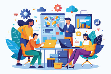 A team discusses data processing strategies while working on their laptops in a collaborative environment humans are thinking about how to process data