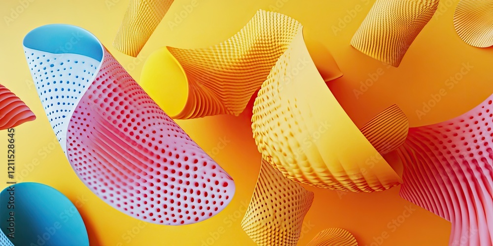 Poster colorful abstract shapes in blue pink and yellow floating against a vibrant yellow backdrop with a s
