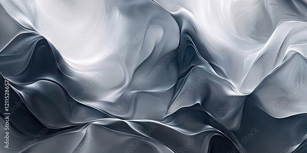 Poster elegant abstract wave pattern in shades of grey and white, flowing textures creating depth and movem